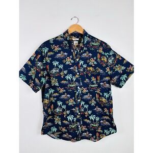 GAP Mens XL Tropical Surfer Button-Up Blue Camp Shirt Jeep Woody Palm Trees